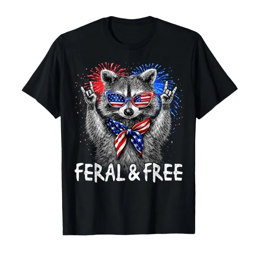 

Feral and Free Funny Racoon Meme 4th of July Patriotic T-shirt For Men Women 100% Cotton T Shirts Short Sleeve Tops 0410-2