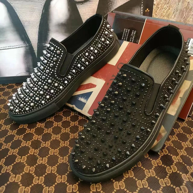 

men casual punk hip hop dress rivets shoes slip-on spikes shoe flats studded loafers breathable sneakers suede leather footwear