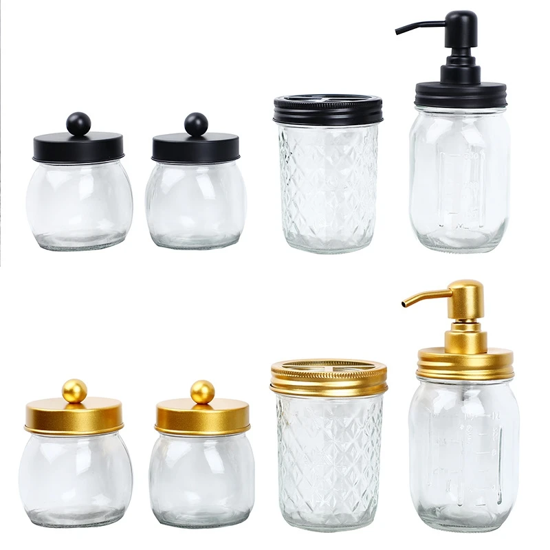 Bathroom Parts Set 4 Pcs -Lotion Soap Dispenser & 2 Cotton Swab Holders & Toothbrush Holder (Gold)