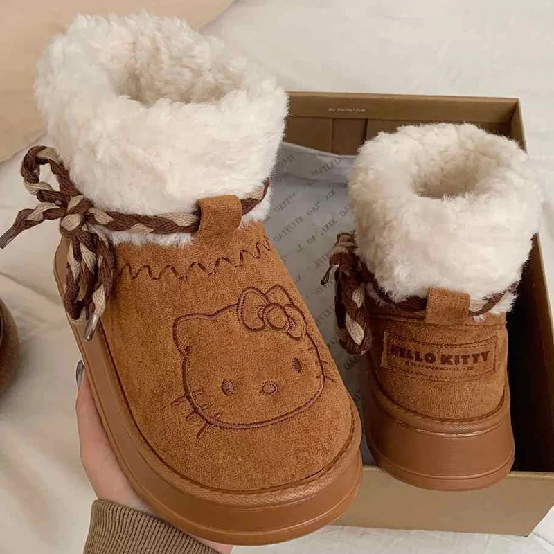 New Hello Kitty Snow Boots Anime Sanrio Y2K Women Thick Soled Non Slip Winter Cotton Boots Cute Girls Warm Cotton Shoes Gifts