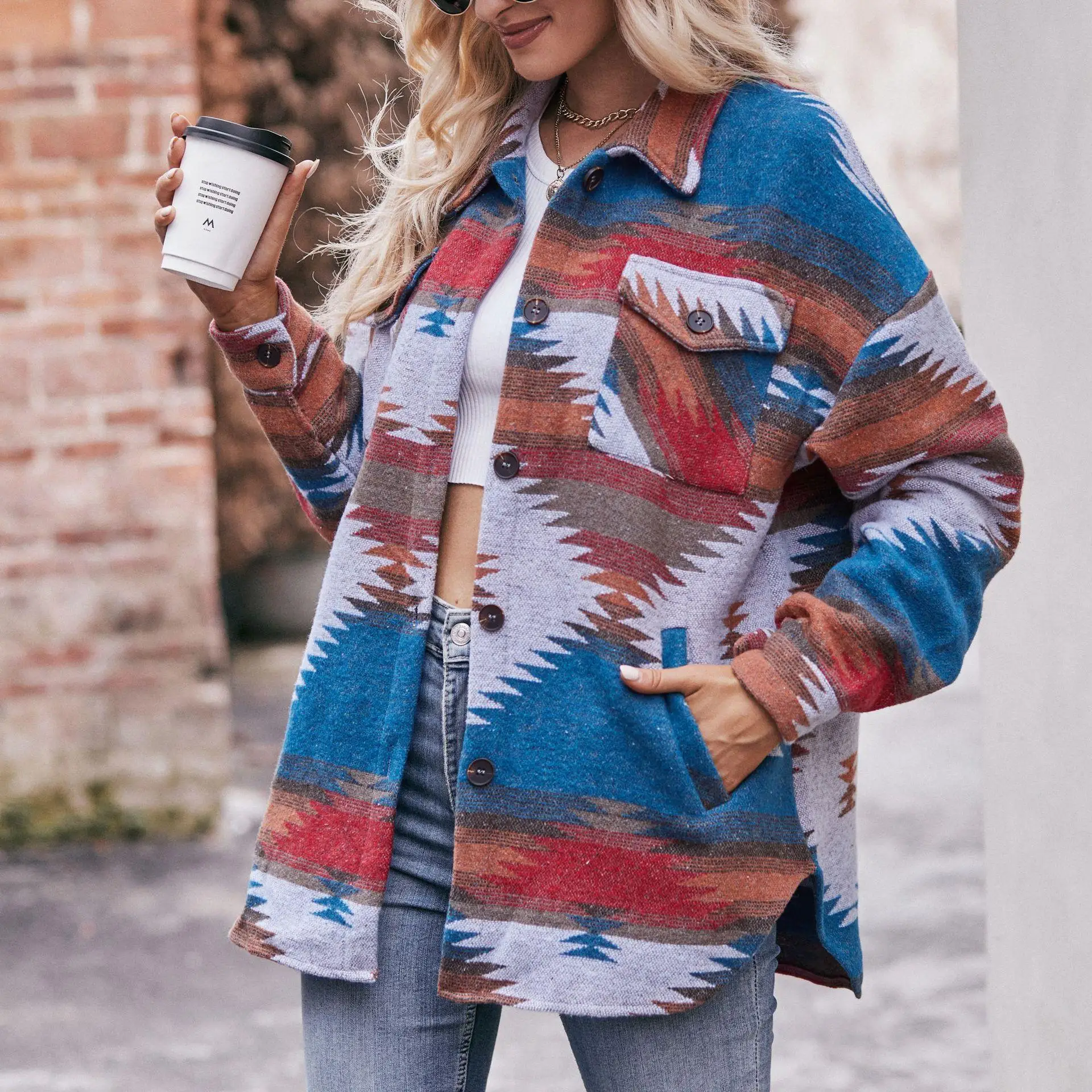 

2023 Autumn Winter New Sle Women's Geometric Jaet irt Collar Woolen Coat Thi Long Sve Long Length PU Material