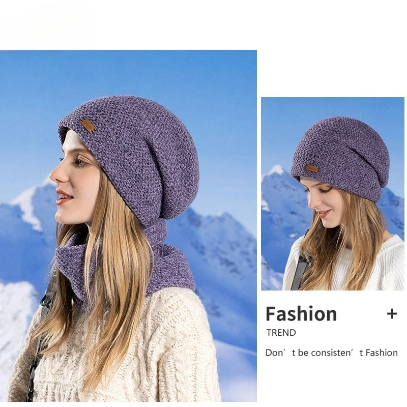Cross-border women's knitted hat winter European and American warm hat and scarf suit plus velvet ear protection woolen hat
