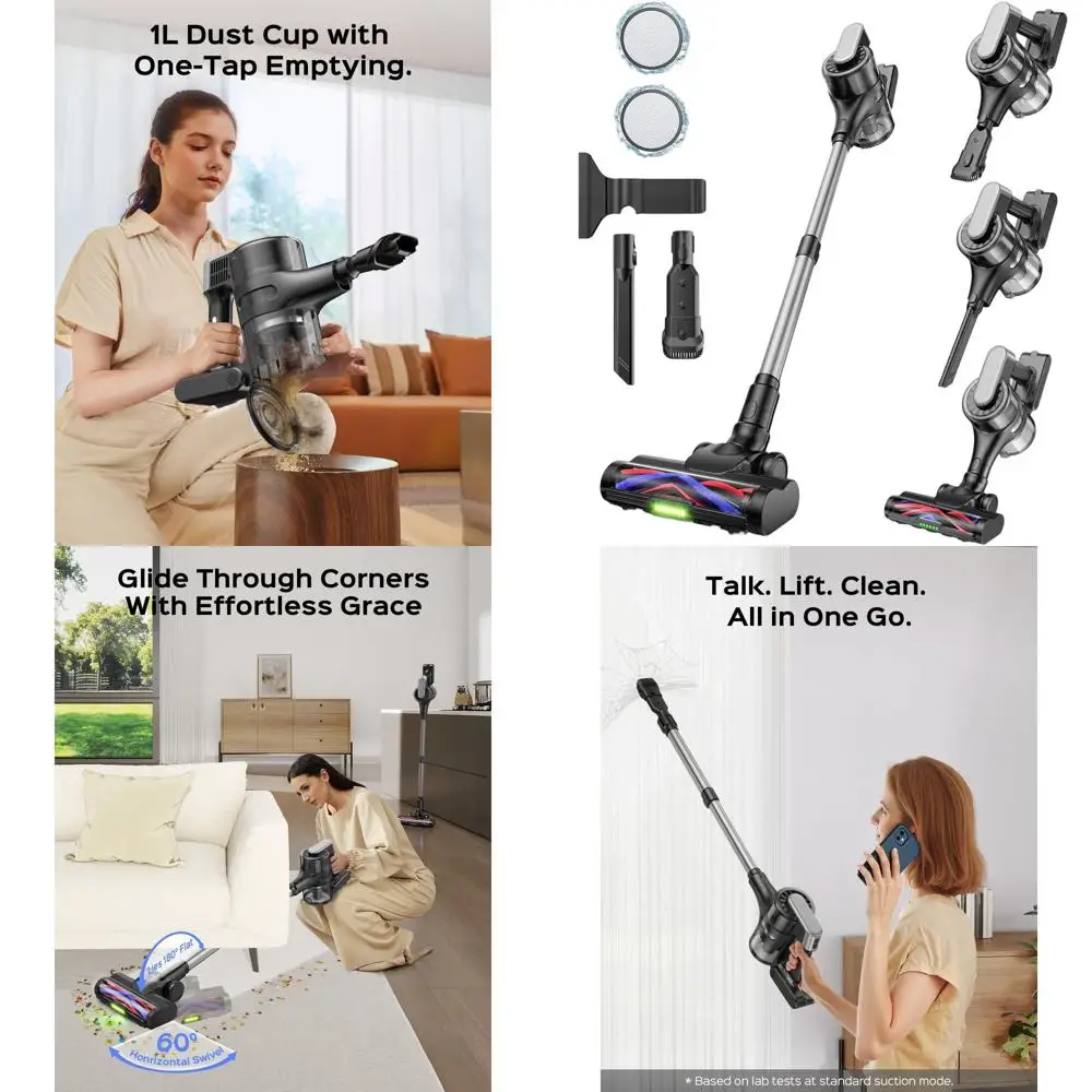 3-in-1 Lightweight Vacuum Cleaner for Hard Floors and Carpets, 55 Min Rechargeable Runtime, LED Light, Ideal for Pet Hair and Du