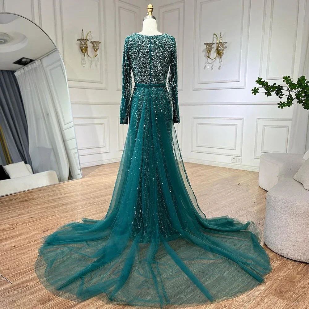 SERENE HILL Customized 2025 Muslim Women Wedding Party Dubai Gown Green Overskirt Luxury Beaded Mermaid Evening Dress CLA72032D