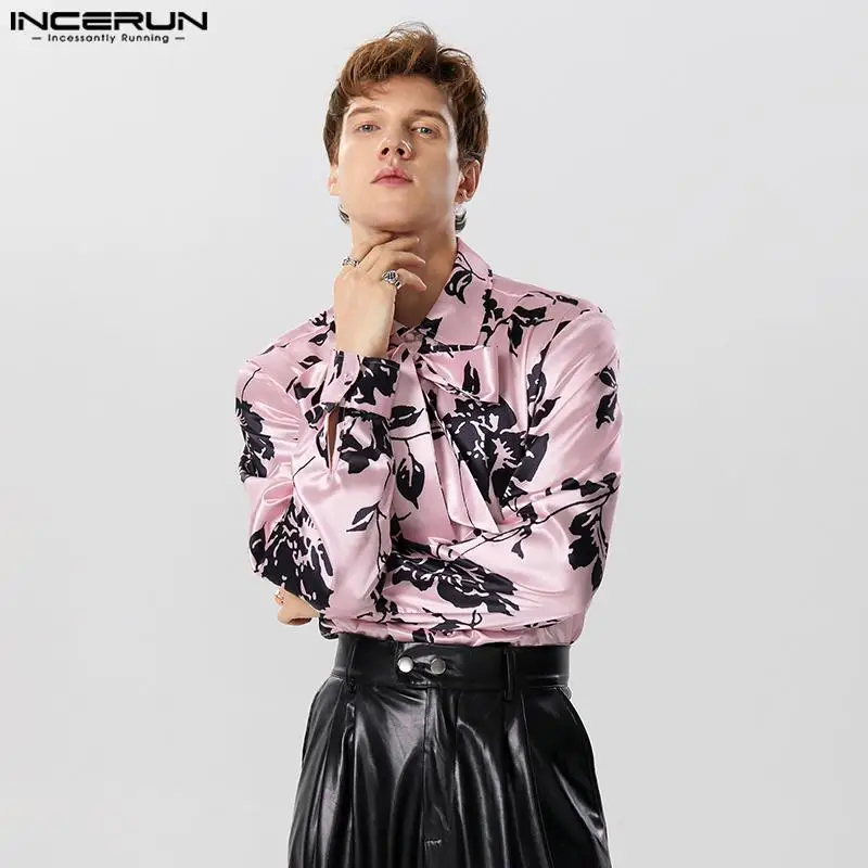 2023 Men Shirt Printing Satin Lapel Long Sleeve Streetwear Lace Up Men Clothing Autumn Fashion Casual Camisas S-5XL INCERUN