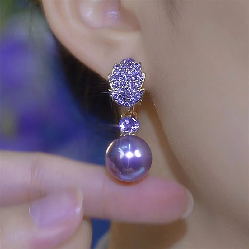 Unique Design Purple Rhinestone Leaf Pearl Pendant Earrings for Women New Elegant Exquisite Temperament Girls Daily Wear Jewelry