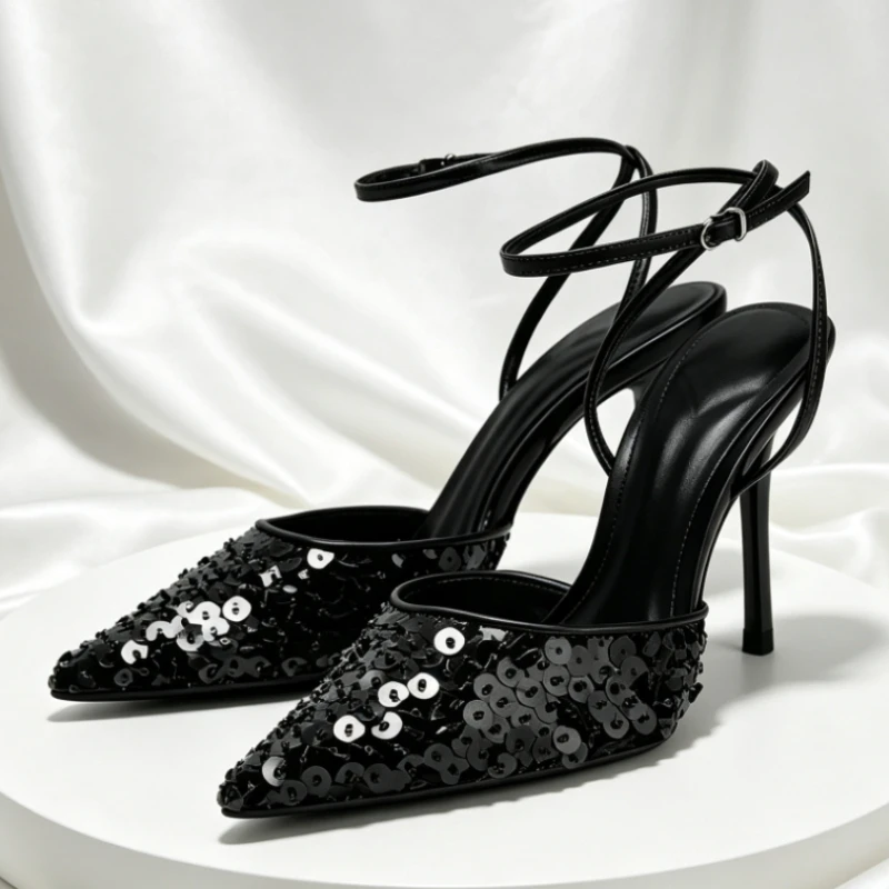 Golden Shiny Sequin Design Heeled Sandals Woman Sexy Ankle Strap Slingback Stiletto Heels Luxury Pointed Toe Designer Shoes