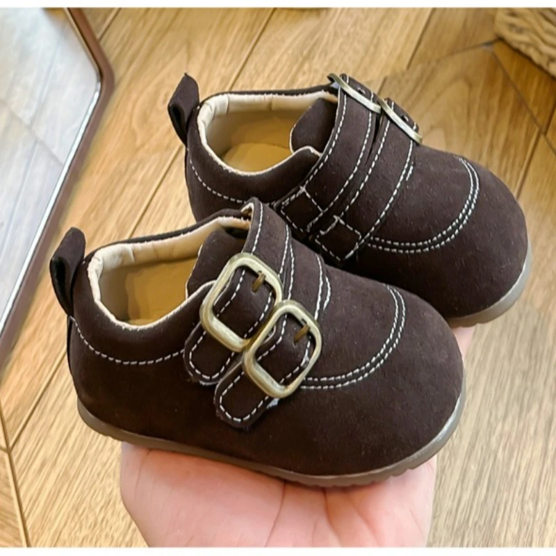 New Spring Autumn Boy Girls Wide Strap Casual Shoes Kids Soft Soled Low Top Loafers Retro Suede Flat Shoes Student Casual Shoes