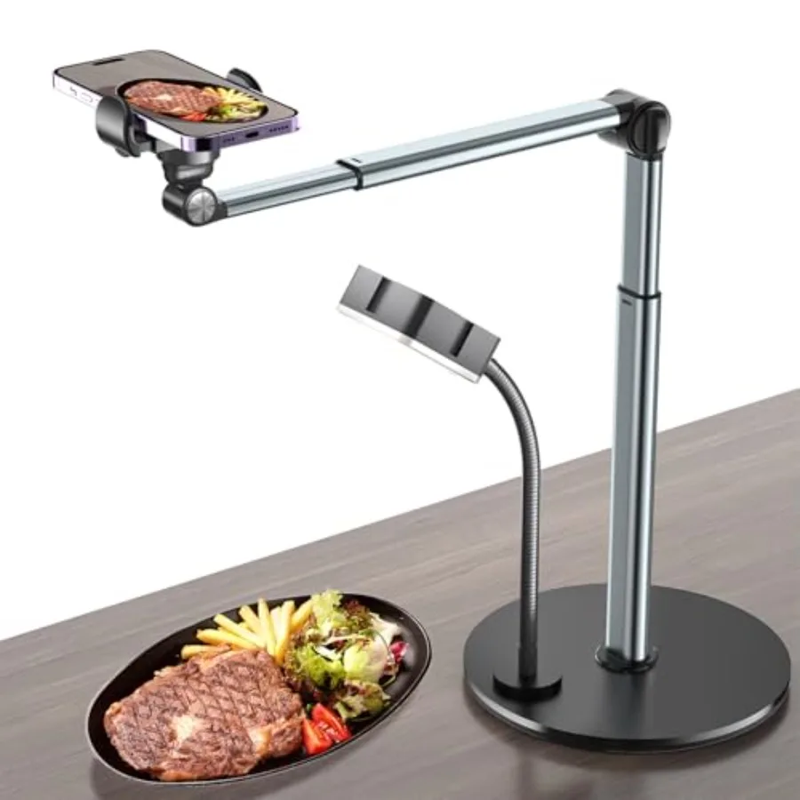 

Overhead Phone Mount with Rechargeable Light for iPhone, Table Tripod for Content Creators, Portable Phone Camera Stand for Coo