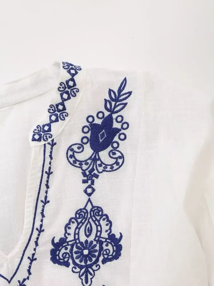 ヴィンテージ気質 V ネックの女性のファッションルーズペプラムシャツ女性のエスニックスタイル刺繍文学長袖シャツ