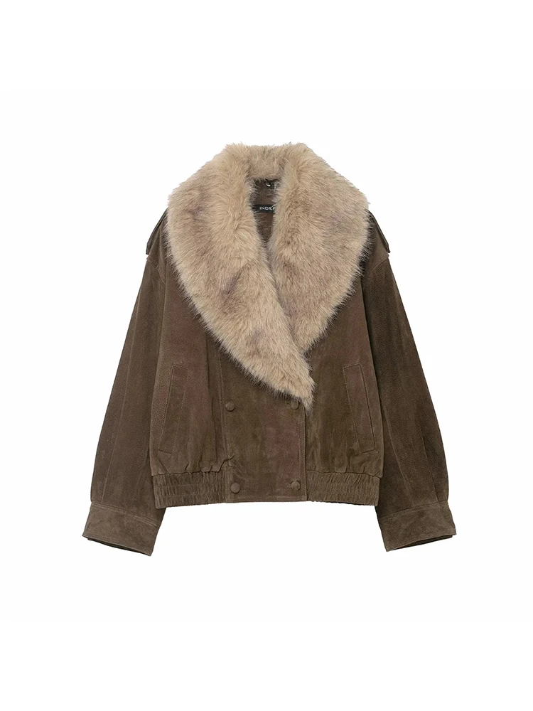 

Женская новая замшевая двубортная куртка из искусственного меха с длинными рукавами, женская новая зимняя повседневная толстая куртка