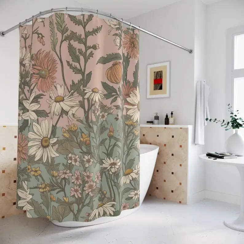 

Занавеска для душа Daisy Wildflower - шалфейно-зеленый и румяно-розовый 70-х годов с цветочным принтом в стиле бохо Cottagecore, декор для ванной комнаты