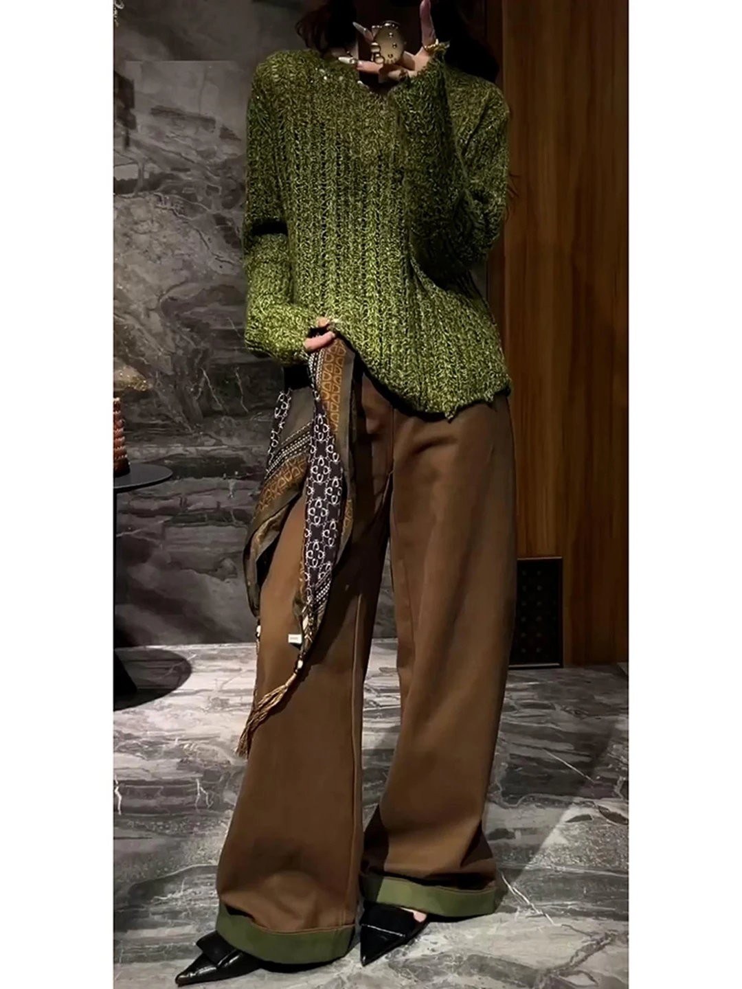 Early Autumn Atmosphere Lazy Style Retro High-End Green Knitted Hollow out Cover up Women's T-Shirt Breathable Loose Fit Shor...