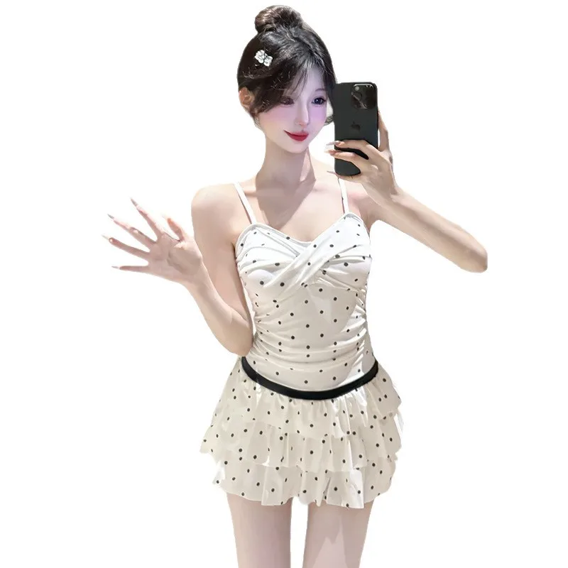 مثير الكورية أزياء البولكا نقطة طباعة المايوه قطعة واحدة عودة القوس عارية الذراعين الكشكشة فستان قصير كولوتيس البيكينيات مبطن ملابس السباحة