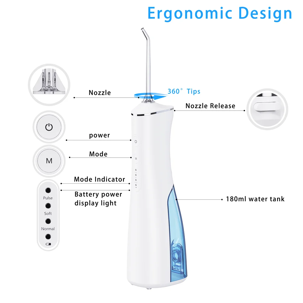 Oral Irrigator ฟัน Scaler 3-Speed ปรับน้ำ Flosser ทันตกรรมแบบพกพา Water Jet 180ML IPX7กันน้ำทำความสะอาดฟัน