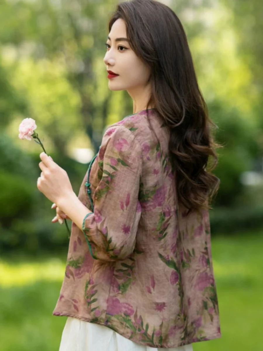 ريترو التباين اللون القطن الكتان طباعة irt المرأة الجديدة الصيف رقيقة Sve سبعة بلوم الأزهار أعلى زر متابعة جولة Ne #5