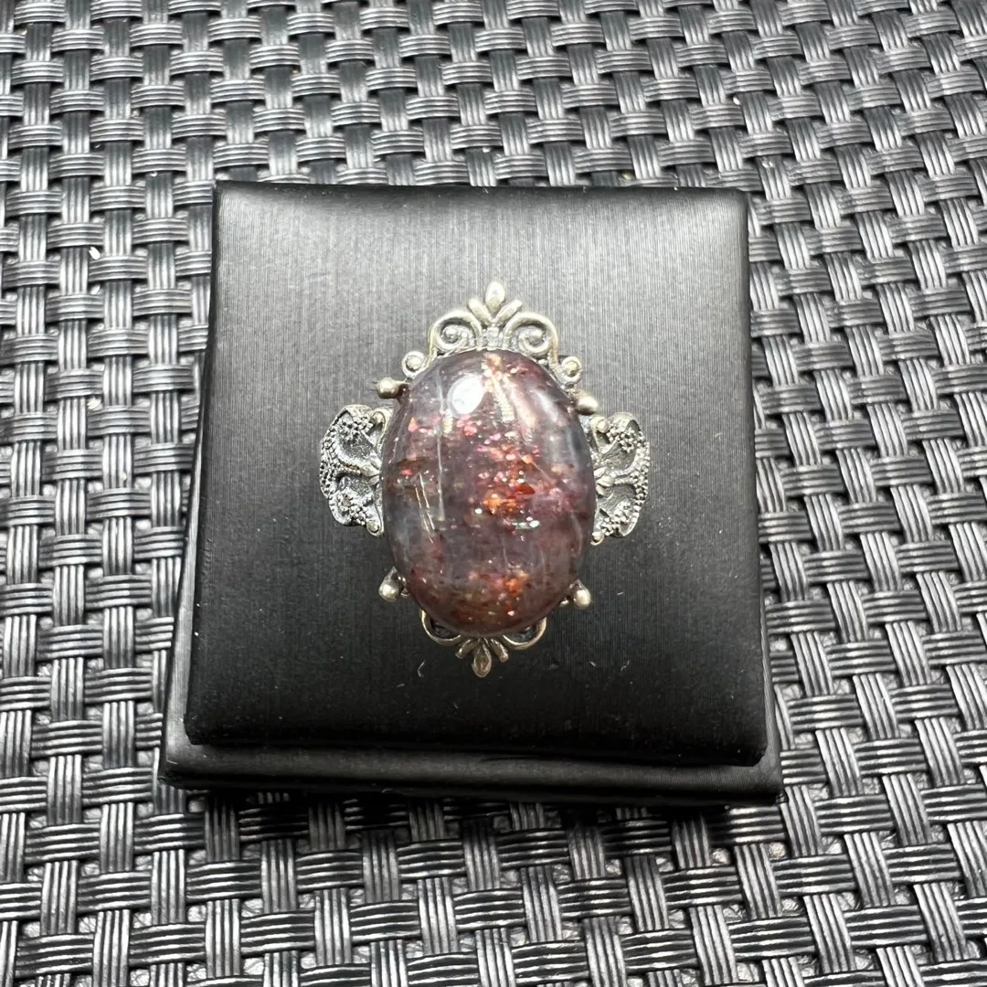 1 Pc Fengbaowu Natural Stone Strawberry Quartz Cordierite Iolite Ring Oval Cabochon 925 Sterling Silver Jewelry Gift
