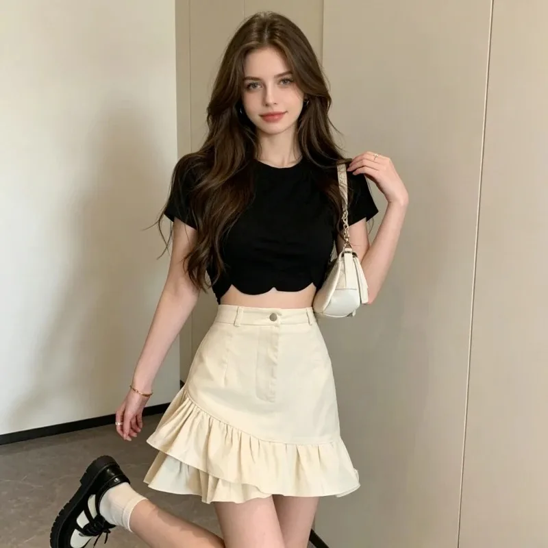 

Denim Skirt Women Asymmetrical Ruffles Mini Skirts High Waist Attached Shorts Liner Washed Vintage Streetwear A Line Summer 2026