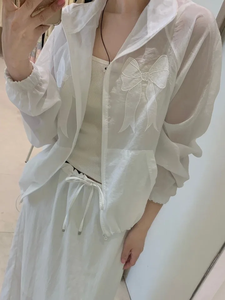 

Korean Sle Lightweight Knot Embroidered Sun Protection Jaet Women's Summer New Faion See-tough Long Sve ...