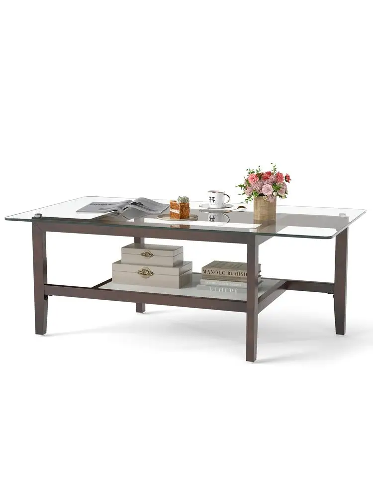 

42 Inch Rectangular 2-Tier Glass Coffee Table with Storage Shelf-Brown