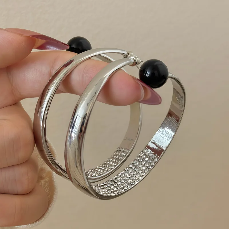 

Polished Metal Spiral Hoop Earrings with Diamonds for Women, Bold Oversized Ball Hoop Earrings, Jewelry Gift