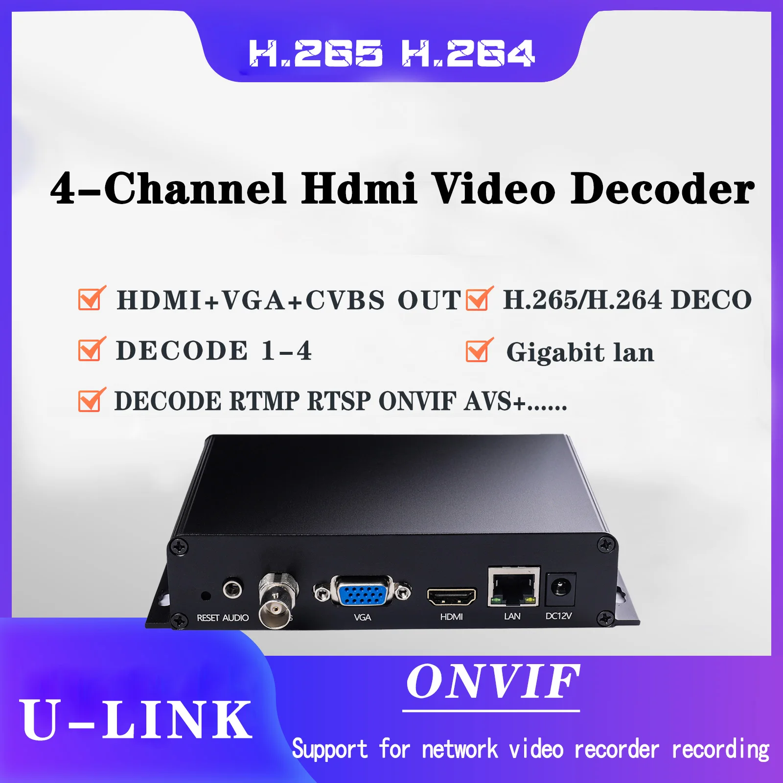 4K UHD VIDEO DECODER RTSP RTMP SRT UDP H.265 H.264 Muti-Viewer VGA HDMI Output Repleace Topbox Transmitter