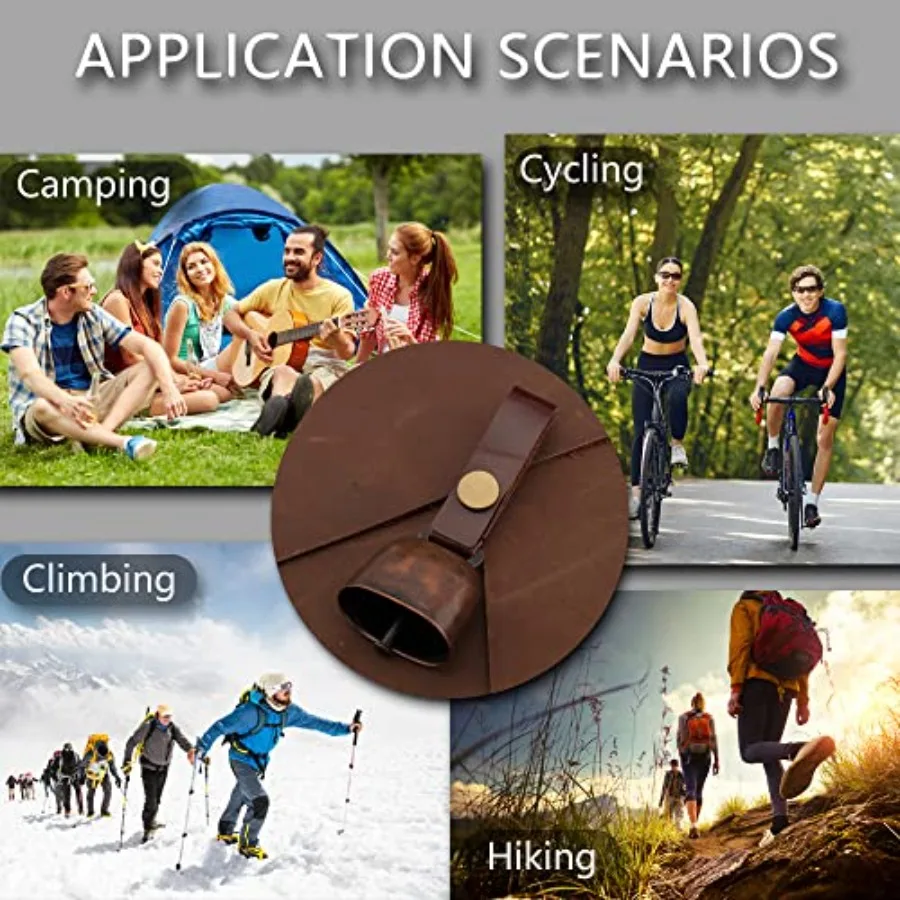 أجراس الدب بصوت عالٍ مع حزام زر من الجلد وصافرة الطوارئ للبقاء على قيد الحياة والمشي لمسافات طويلة وركوب الدراجات والصيد والتسلق مجموعتان #3