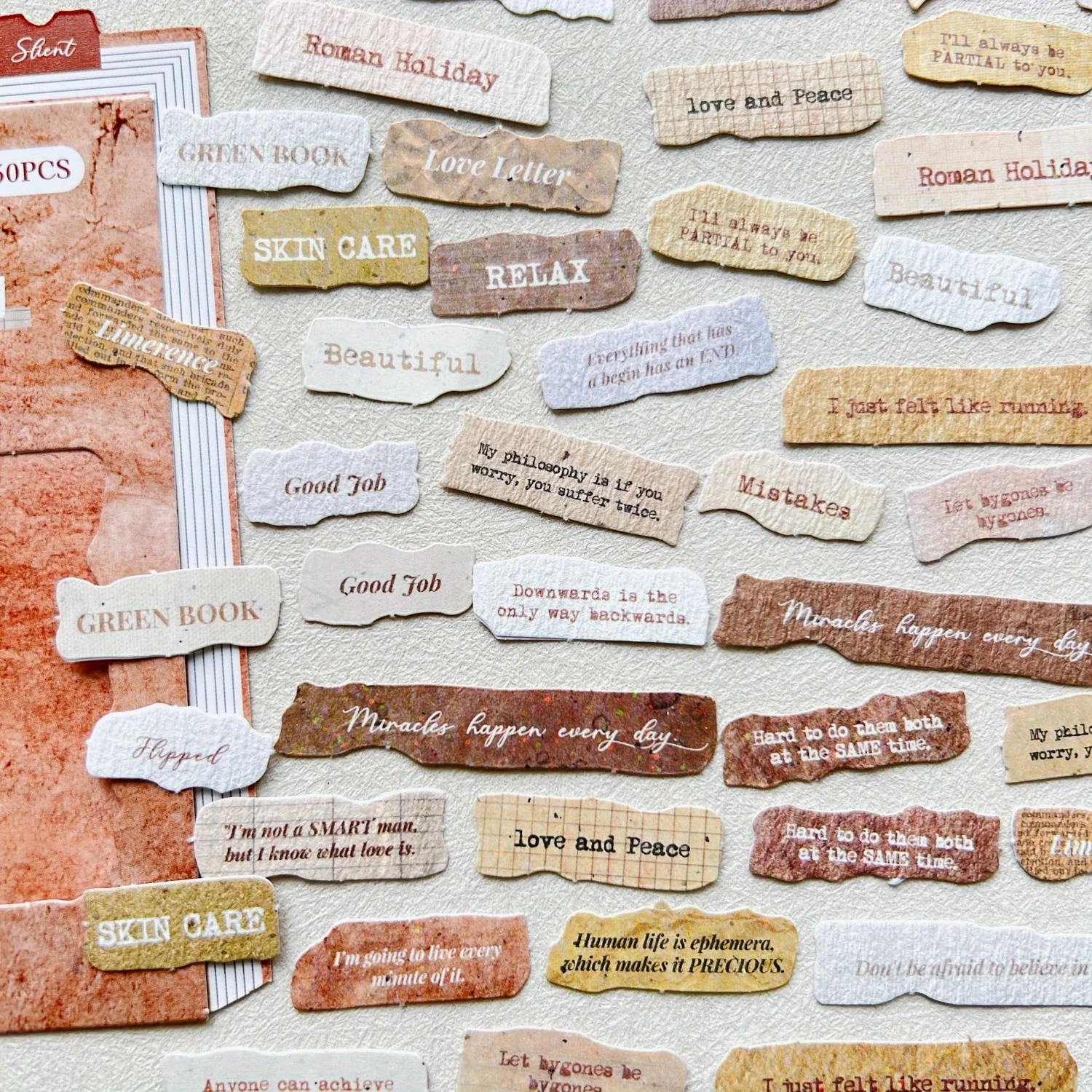 

Journamm 50 Pcs English Label Sticker Package Junk Journal DIY Art Crafts Album Embellishment Paper Material Scrapbook Stickers