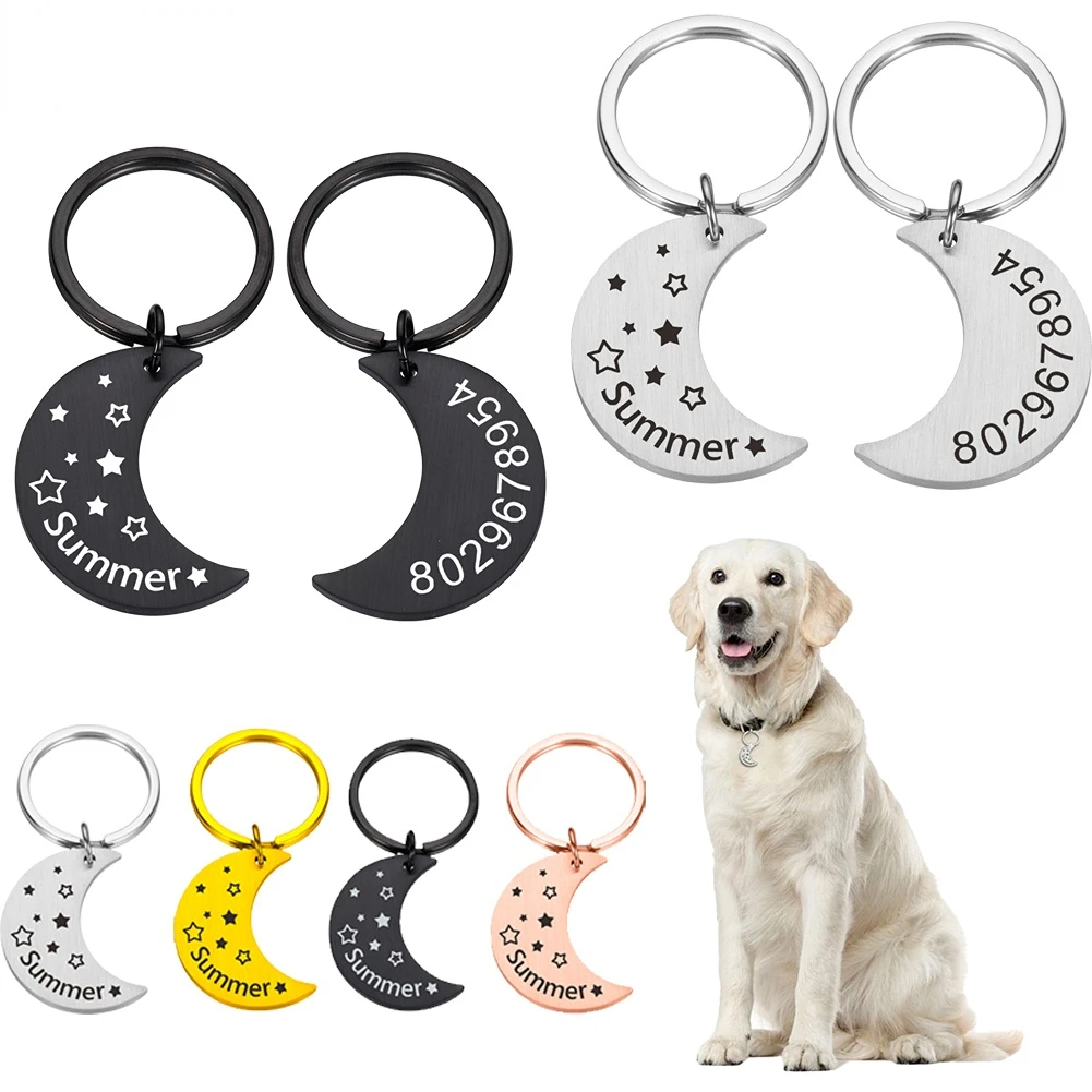 Personalized dog ID tag Customized Name Phone number Original Keychain Moon Shape cat dog puppy collar pet accessory 2023