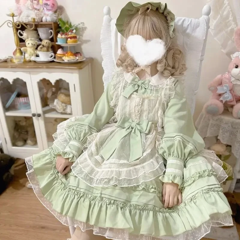 Women Vintage Elegant Lace Mesh Bow Green Dresses Harajuku Victorian Girly Kawaii Tea Party Dress Sweet Lolita Princess OP Dress
