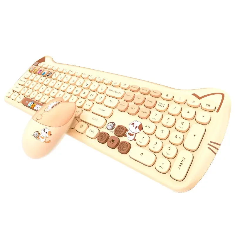 Mute Cute Full Size 2.4G Wireless Keyboard Mouse Desk Pad Kit Set Cartoon Cat Women Pink Green Yellow For PC Laptop Computer