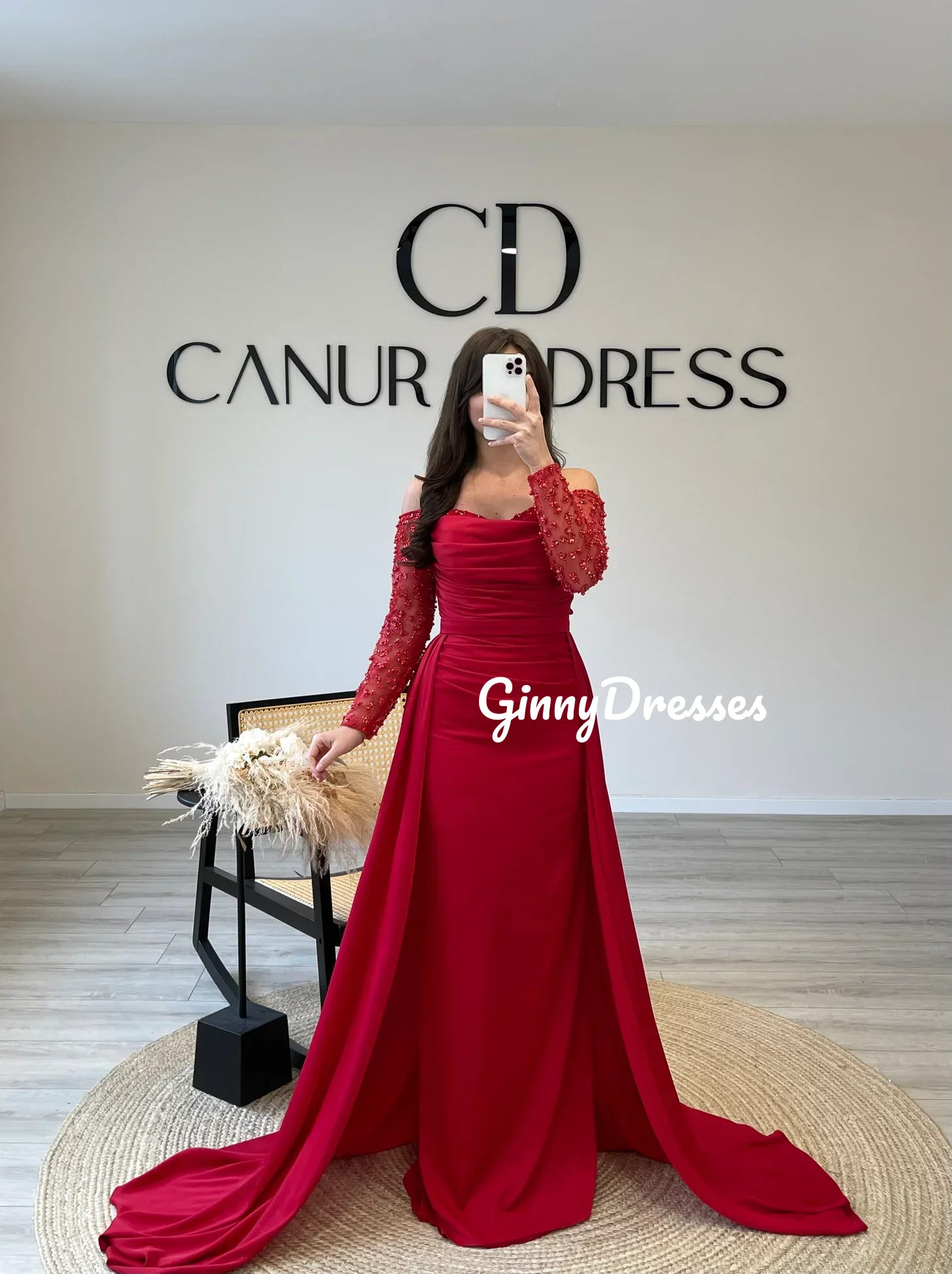 Customized Dresses For Prom Sheath Off-The-Shoulder Neckline Floor-Length Beadings Luxury Evening Dresses Long Sleeves Zipper Up