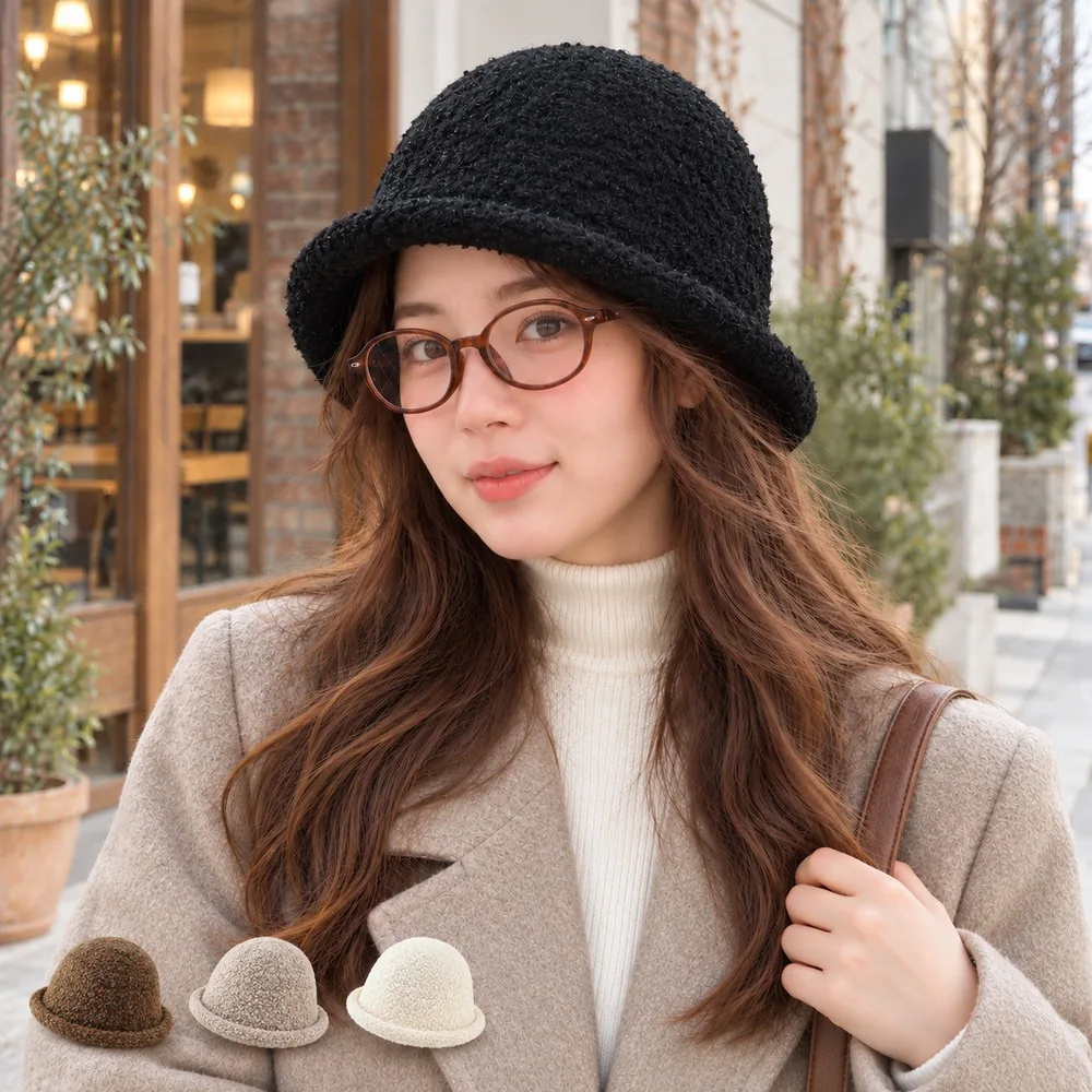 Women Winter Boucle Knit Bucket Hat Soft Fuzzy Cloche Hat Rolled Brim Solid Color Korean Style Outdoor Travel Fashion Accessorie