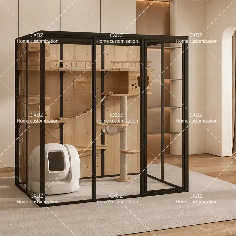 Large Indoor Cat Villa Cabinet with Glass Door Luxury Cat House Cage Room Furniture for Multiple Cats Modern Pet Home Shelter