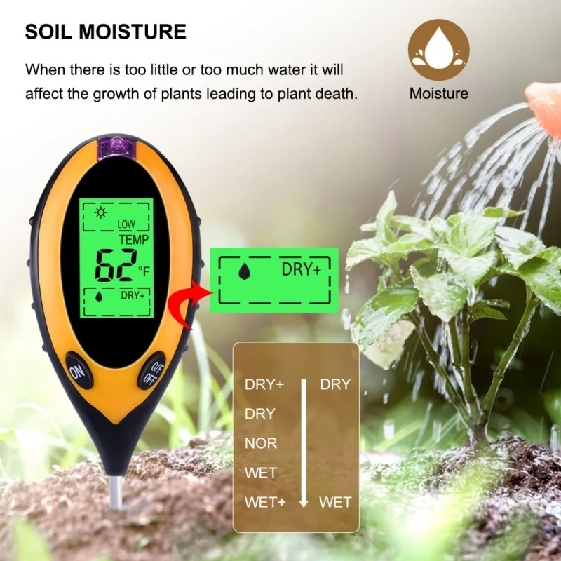 

4 In 1 Digital Soil PH Meter Soil Temperature Solar Sunlight Moisture PH Flowers Meter Monitor for Garden Plants LCD Display New