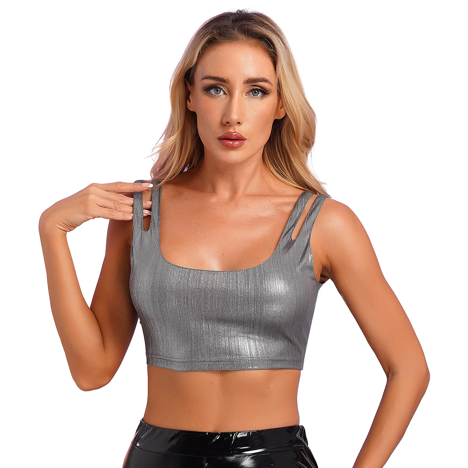 Sexy Womens Silver Top Low U Neck Double Straps Slim Fit Crop Top Club Wear Dance Party Jazz Disco Metallic Shiny Belly Top