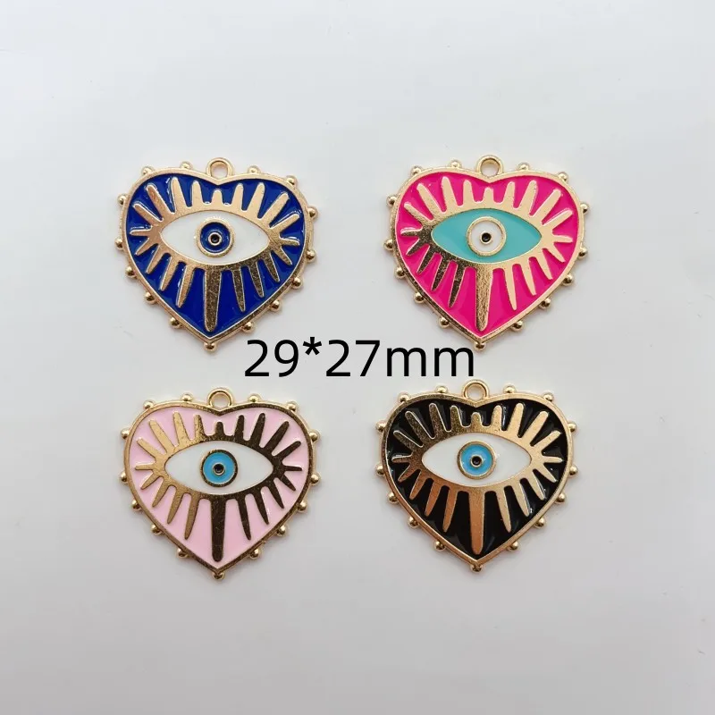 Dijes de corazón de esmalte chapado en oro para mujer, 10 piezas, colgantes de mal de ojo para la fabricación de joyas, pulsera DIY, collar, pendientes de aro, accesorios