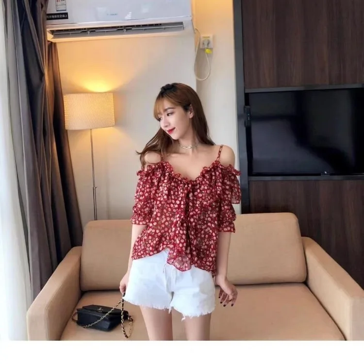 Korejepo Summer New Korean Version Floral One Shoulder Top Women Small Suspender Off Shoulder Ruffled Chiffon Shirt Super Fairy