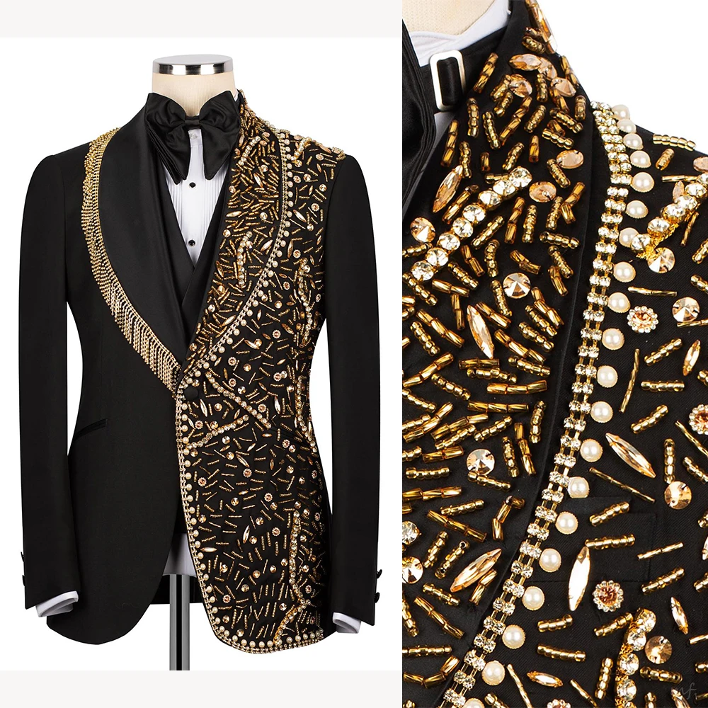 

Luxury Wedding Tuxedos Beads 2-Piece Blazer Peaked Lapel Single Breasted Formal Prom Jacket Slim Fit Diamonds Custom Made