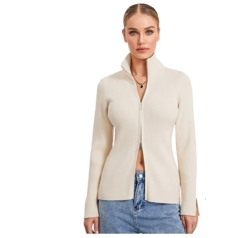 Autunno primavera maglione donna solido Casual Streetwear doppia Zip Up Cardigan colletto alla coreana manica lunga Slim Rib Crop top lavorati a