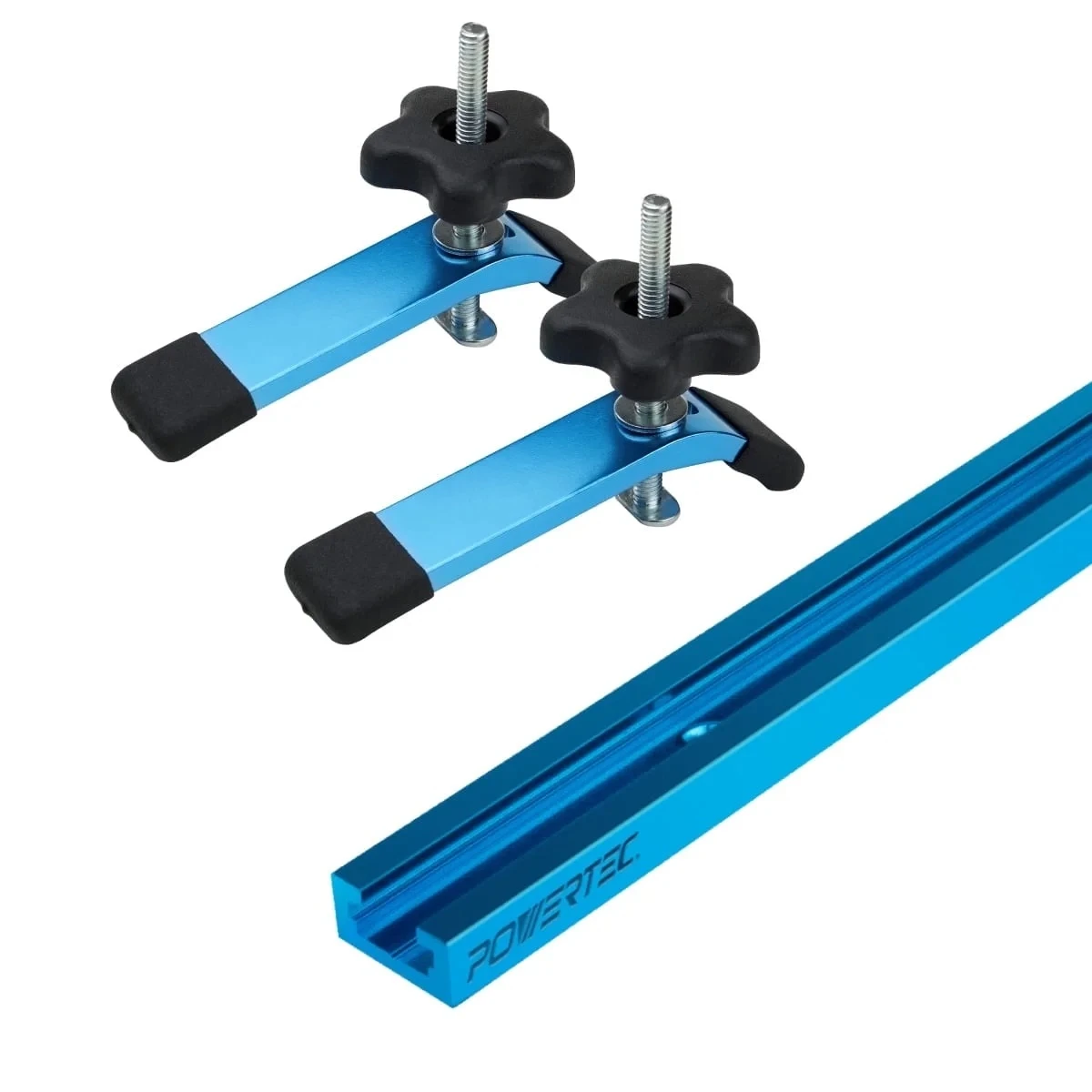 POWERTEC 48-Inch Universal T-Track with 2 Hold-Down Clamps, anodized blue (71169)