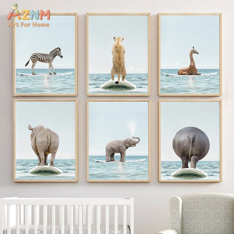 AZNM Cute Surfing Safari Animal Canvas Wall Art Zebra Lion Giraffe Rhino Elephant Hippo On Sea Surfboard Minimalist Ocean Unfram