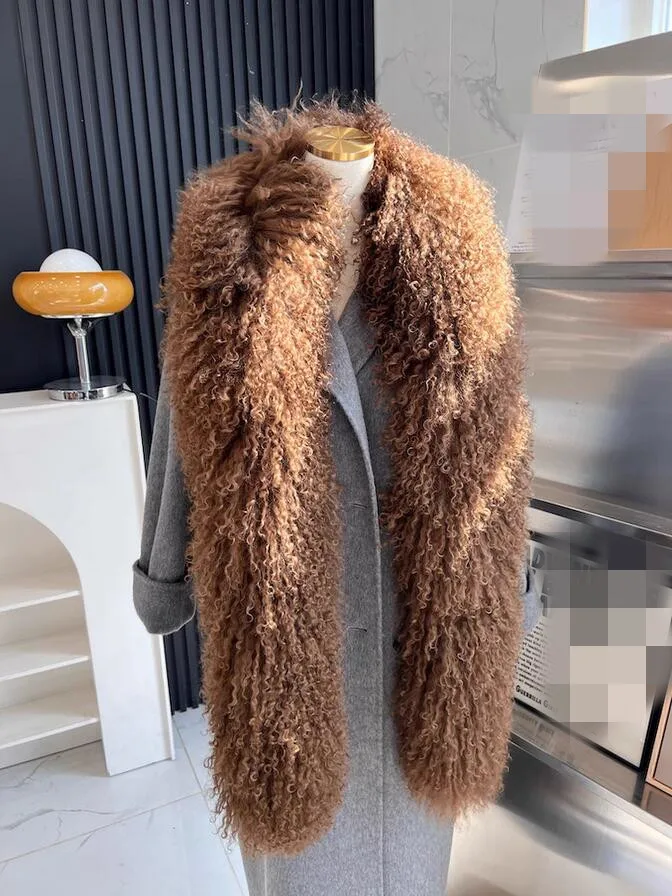 Natural Long Mongolian Lamb Fur Scarves Women Winter Thick Warm Real Wool Shawl Fur Muffler Scarf