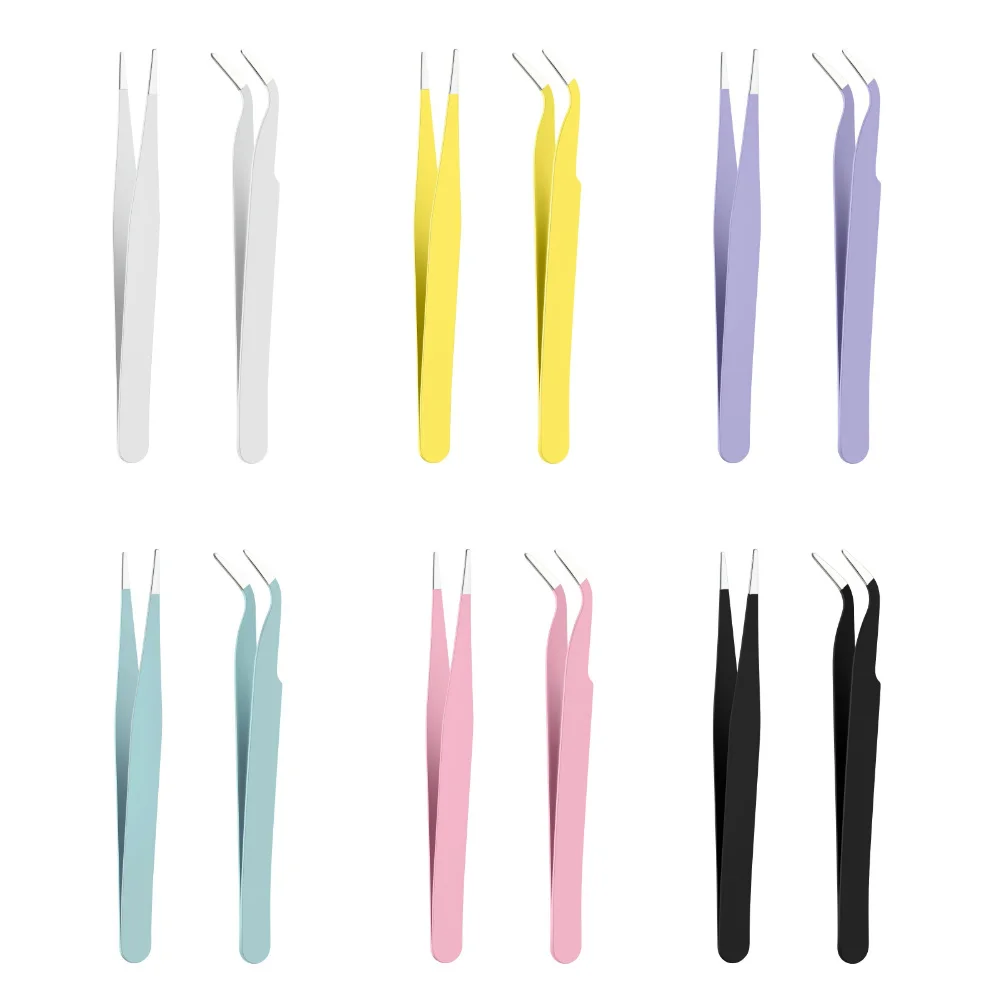 2pcs Stainless Steel Precision Tweezers Straight And Curved Head Tweezers Color Scrapbook Tweezers Pink Green Purple Black