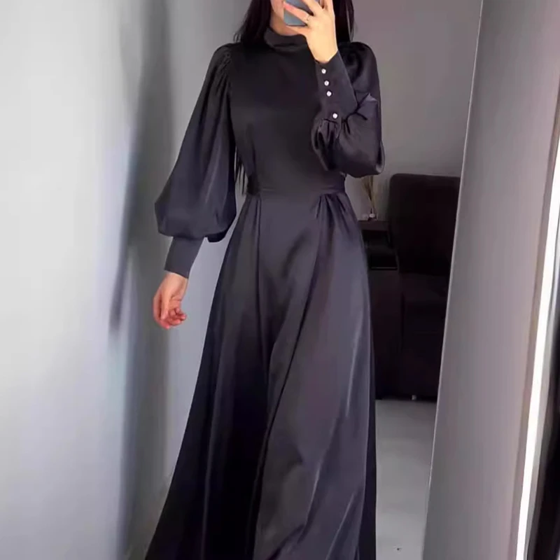 Elegant Lantern Sleeves Solid Color Commuting Dress Casual Women's O-neck Satin Robe Dress Vintage High Waisted Pleated Dresses