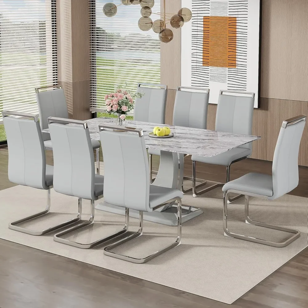 Dining Table Set for 8, Kitchen Table and 8 PU Leather Upholstered Dining Chairs,71'' Marble Dinner Table Set