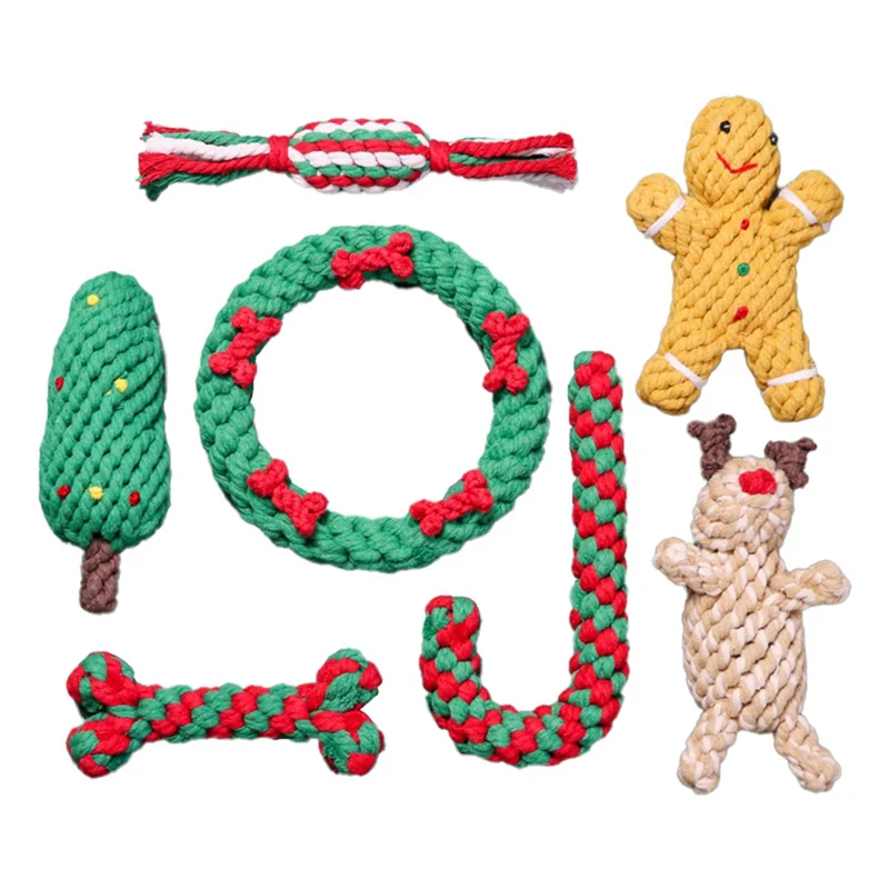 Christmas Set Pet Cotton Rope Toys Teeth Cleaning 7 Pieces Dog Rope Toys Christmas Chewing Training Toys