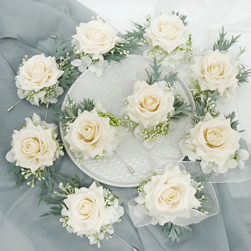 New Champagne Silk Rose Boutonniere Buttonhole Artifical Flowers Pins Wrist Corsage Bridesmaid Bracelet Wedding Accessories