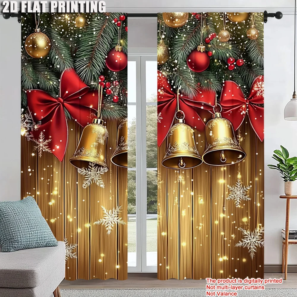 

2Pcs Golden Christmas Window Curtains Rod Pocket Design Polyester Material Machine Washable Perfect For Living Room Kitchen