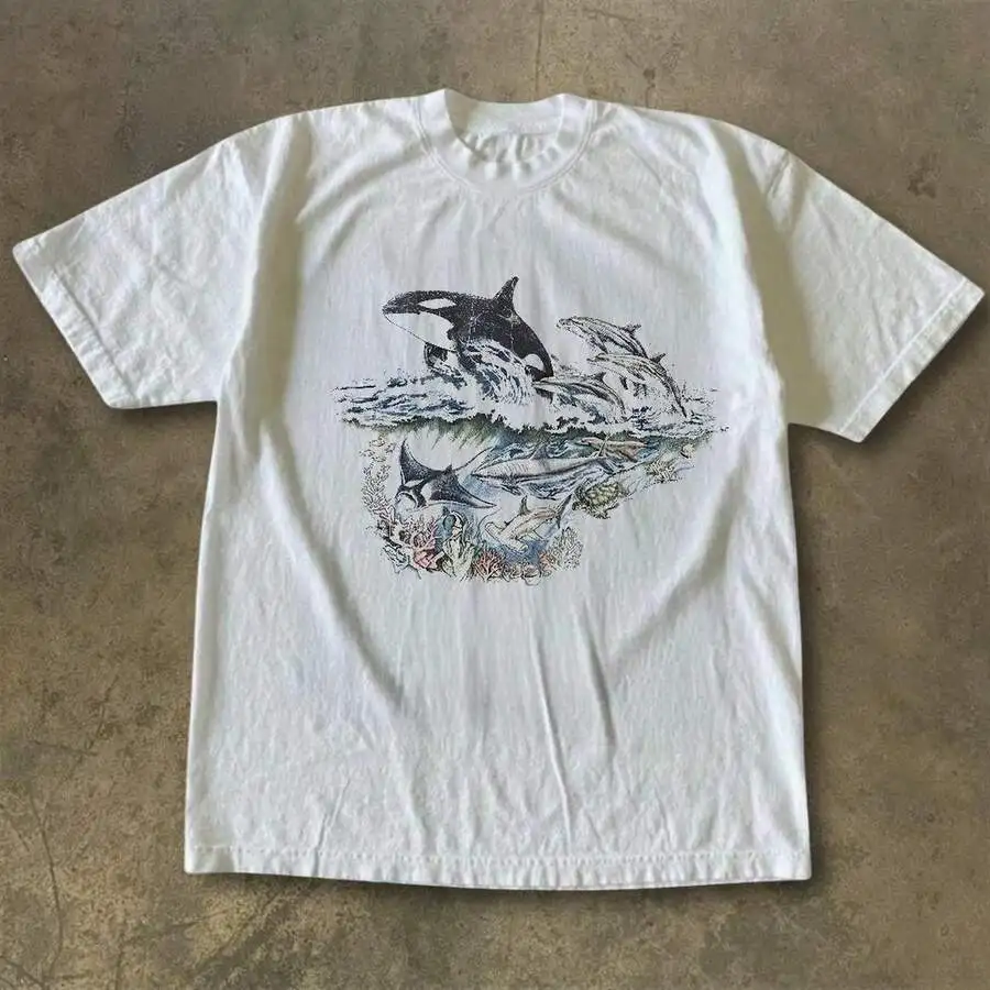 Unisex Beach Ocean‑Lovers Casual Tops 1Pc Crew Neck Short‑Sleeve White Vintage Retro Underwater Sea Creature Orca Dolphin Manta Ray Graphic Print Tees